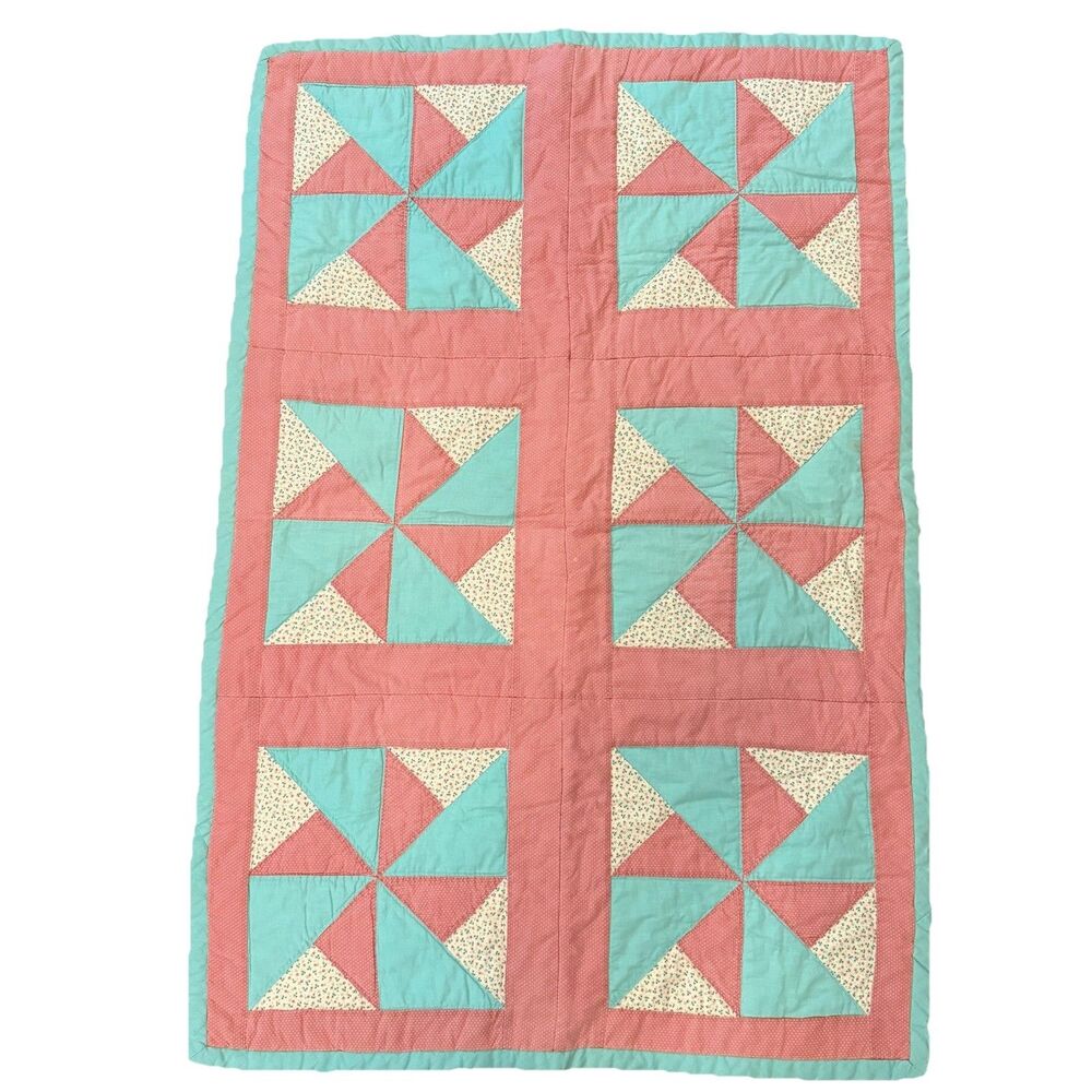Vintage Hand Stitched Baby Quilt Pink Teal Floral Polka Dot Pinwheel 31” X 46”